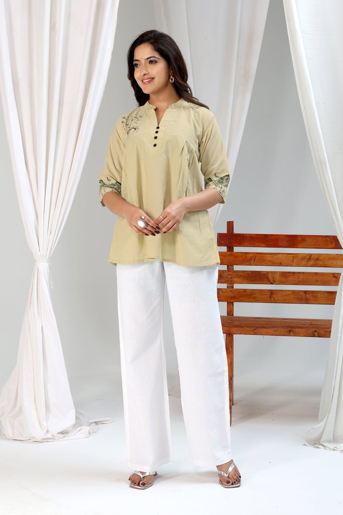 Print Mandarin Collar Cotton Top