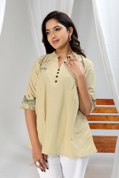 Print Mandarin Collar Cotton Top