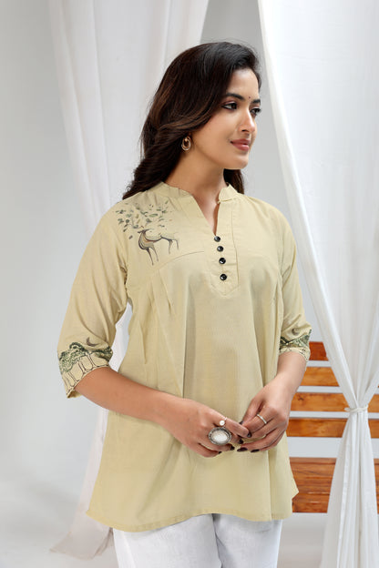 Print Mandarin Collar Cotton Top