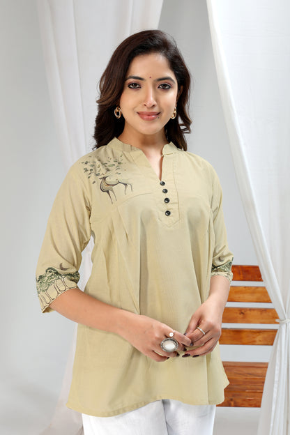 Print Mandarin Collar Cotton Top