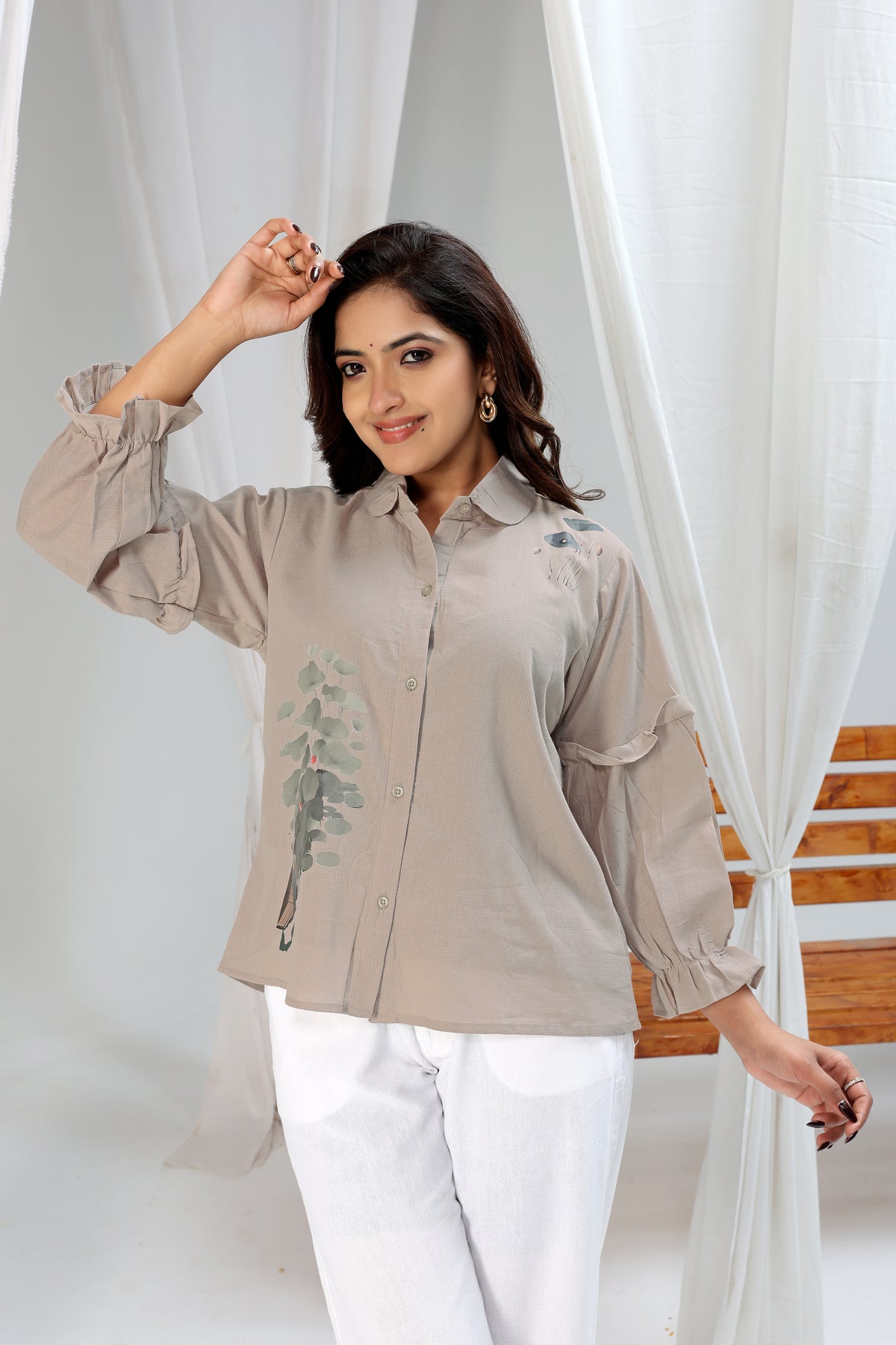 Print Puff Sleeve Cotton Top